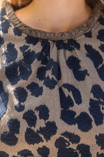Fringe Detail Textured Animal Print Top