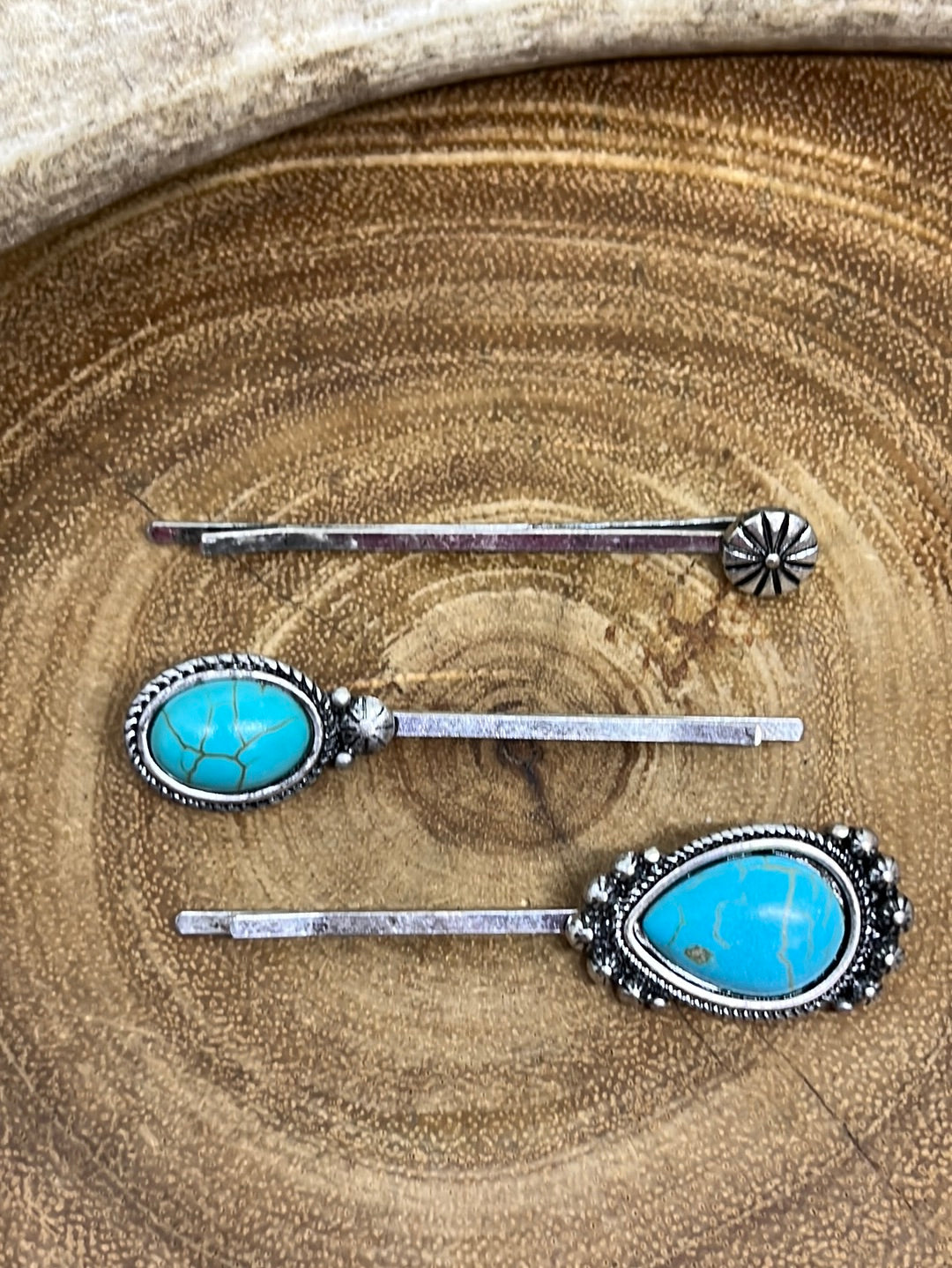 Buttercup Concho, Oval & Teardrop Stone Hair Pin Set - Turquoise