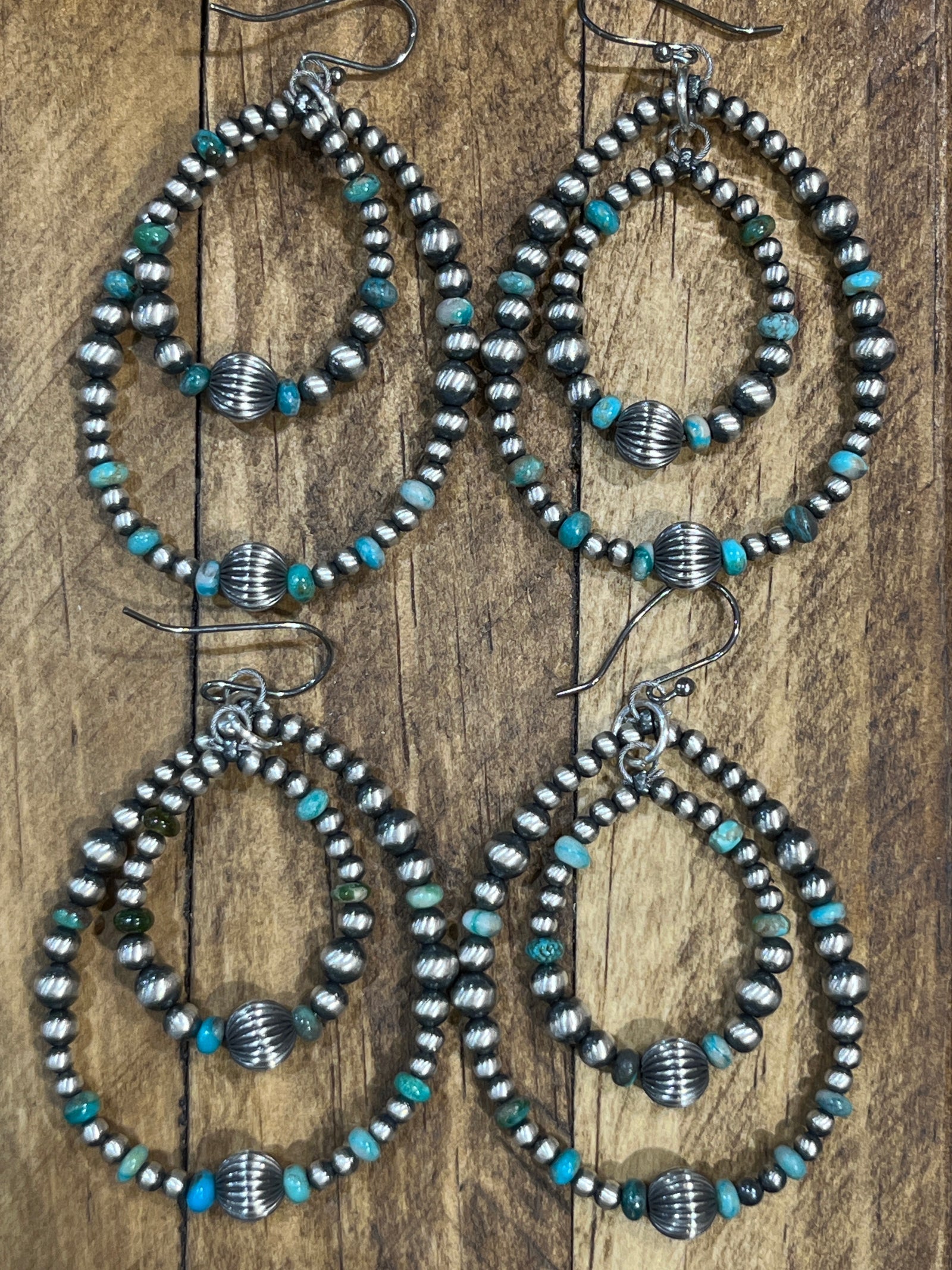 Combe Stamped Bead Sterling Navajo Turquoise Double Hoop Earrings - 2.5"