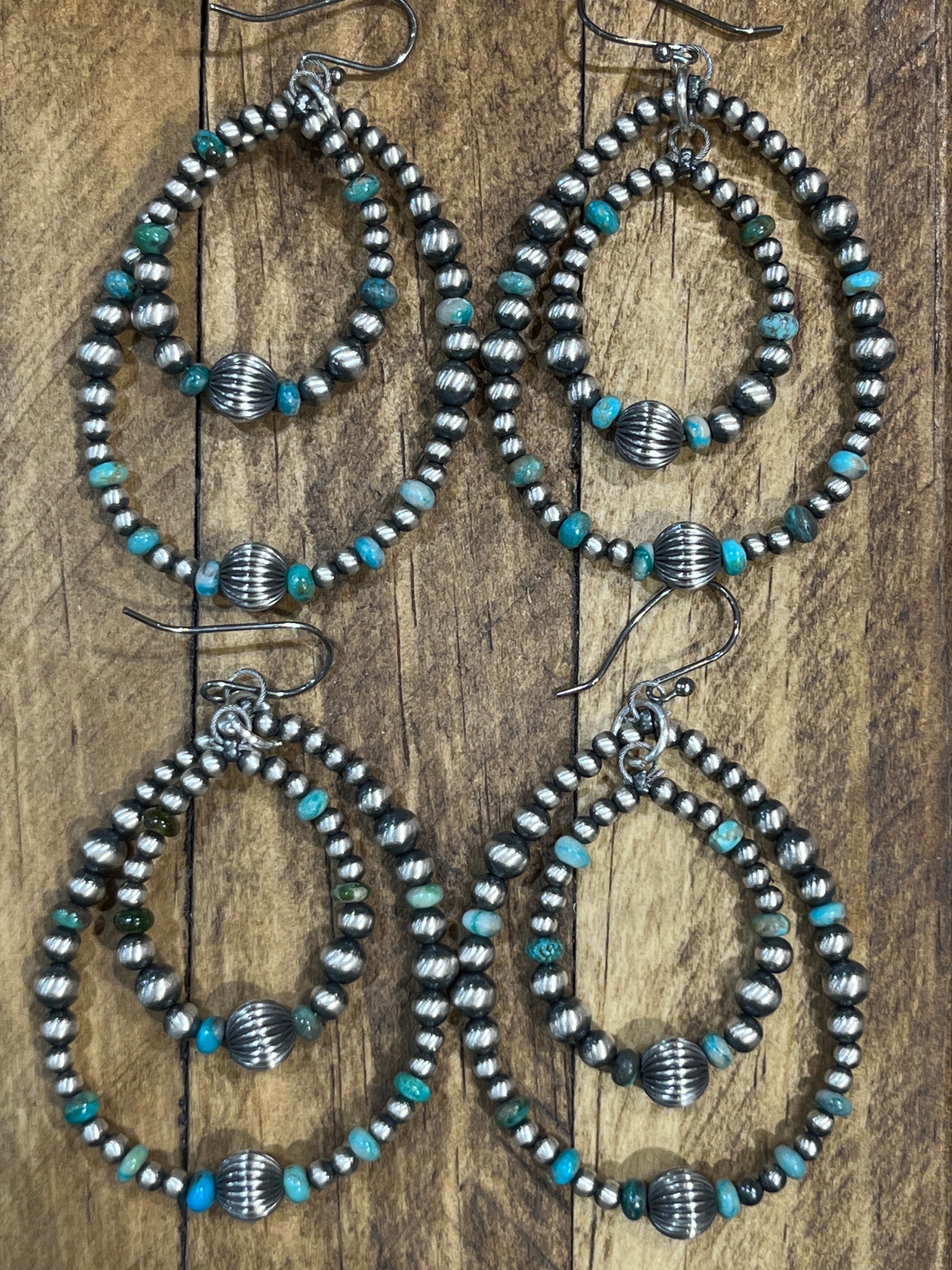 Combe Stamped Bead Sterling Navajo Turquoise Double Hoop Earrings - 2.5"