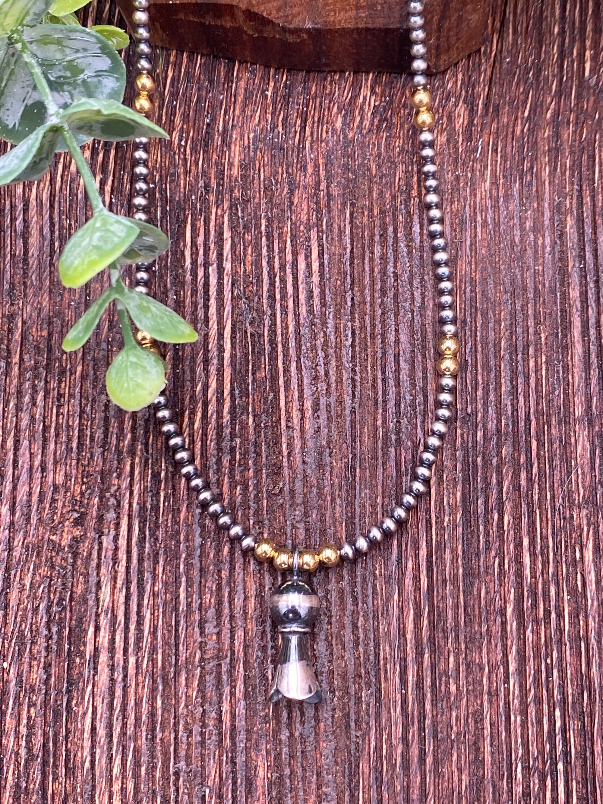 Hannah 2mm Sterling Flute Blossom Silver & 4mm Gold Navajo Necklace - 18"