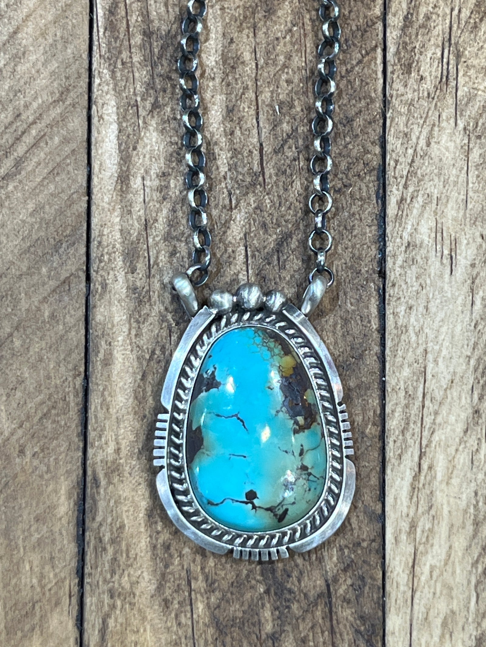 Airdrie Sterling Link Chain Notch Framed Kingman Teardrop Pendant - 16"