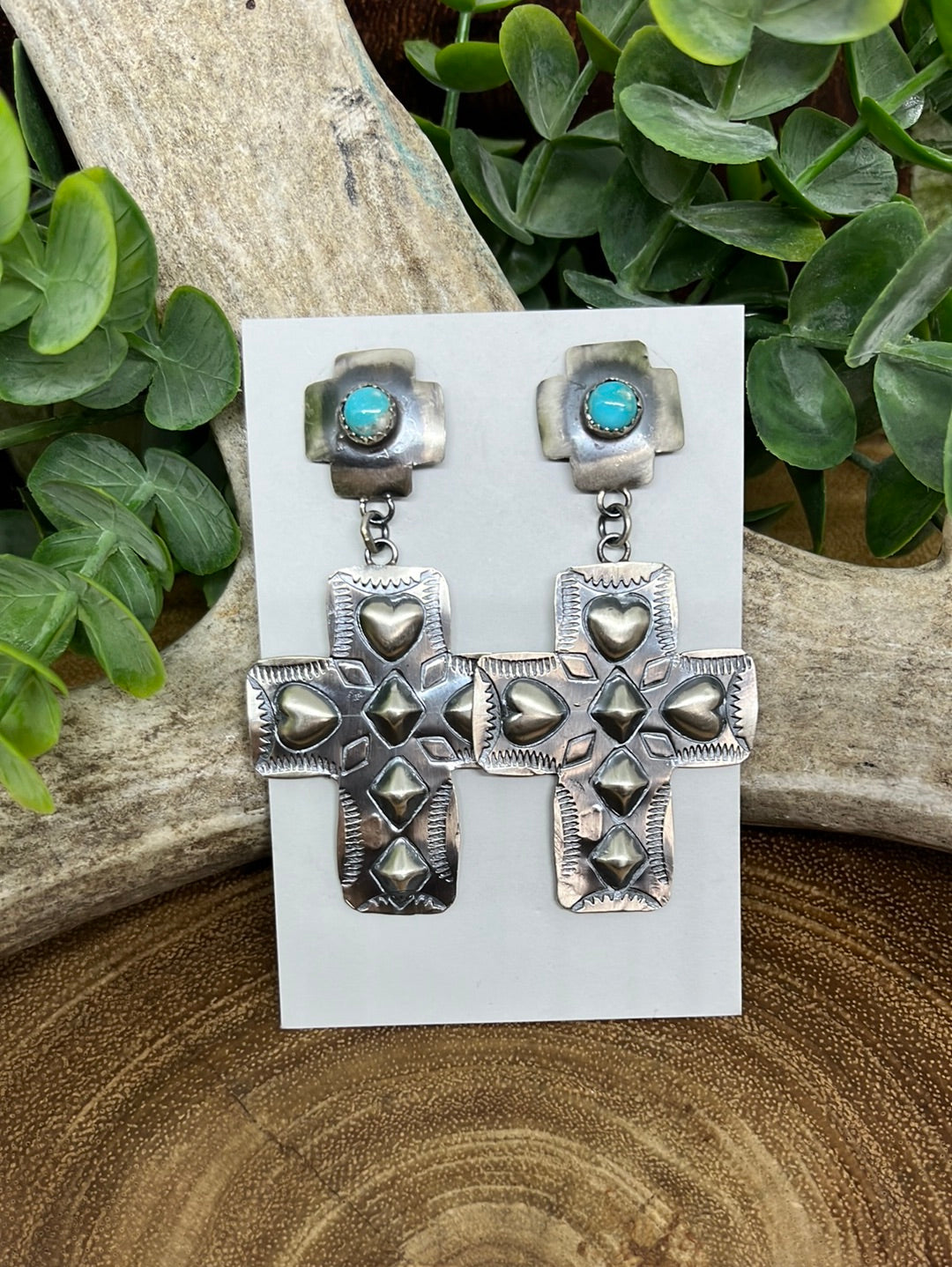 Faith & Love Double Stamped Sterling Cross Earrings - Turquoise