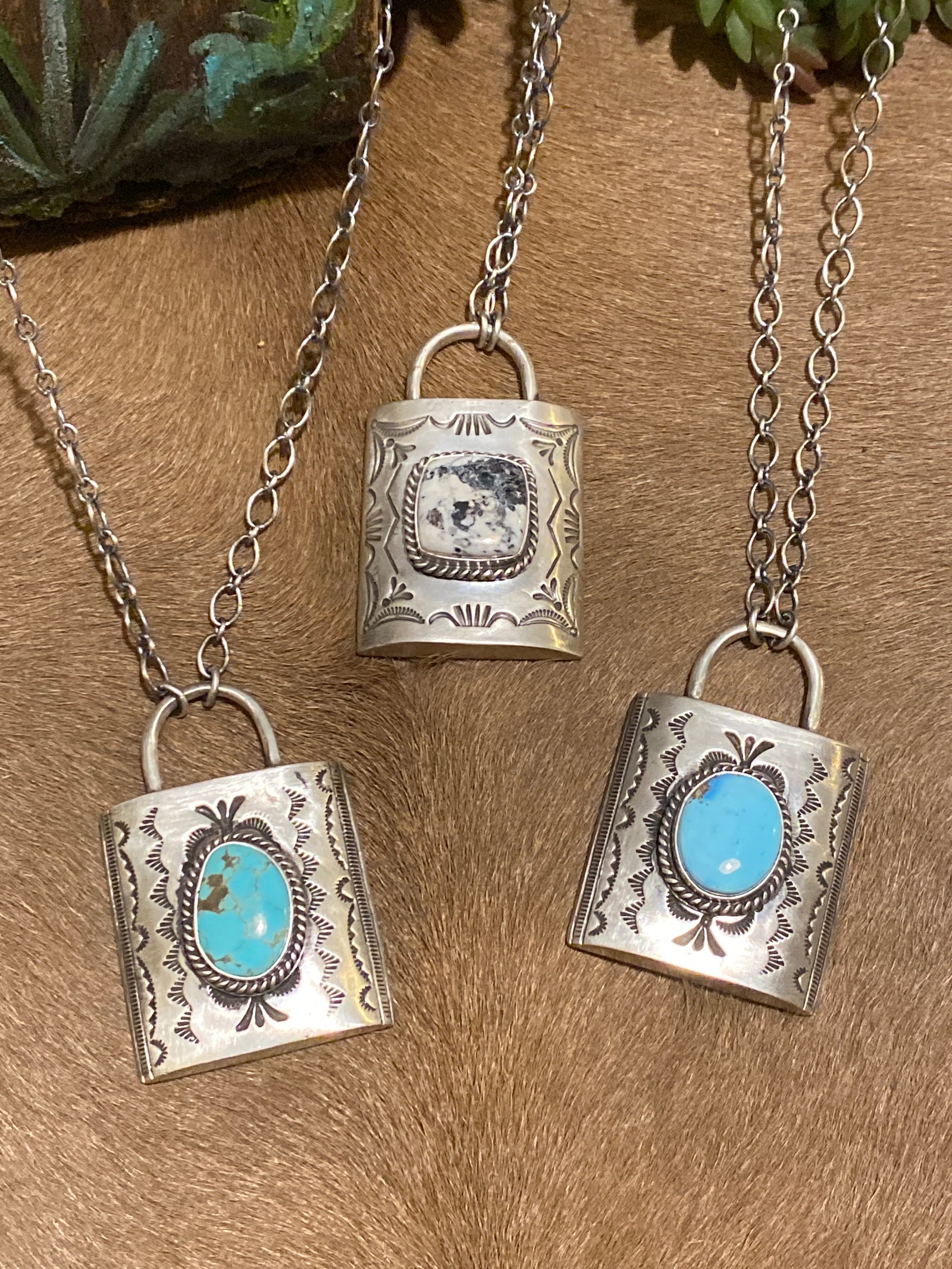 Barry Center Stone Sterling Stamped Lock Necklace - 18"