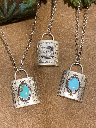 Barry Center Stone Sterling Stamped Lock Necklace - 18"