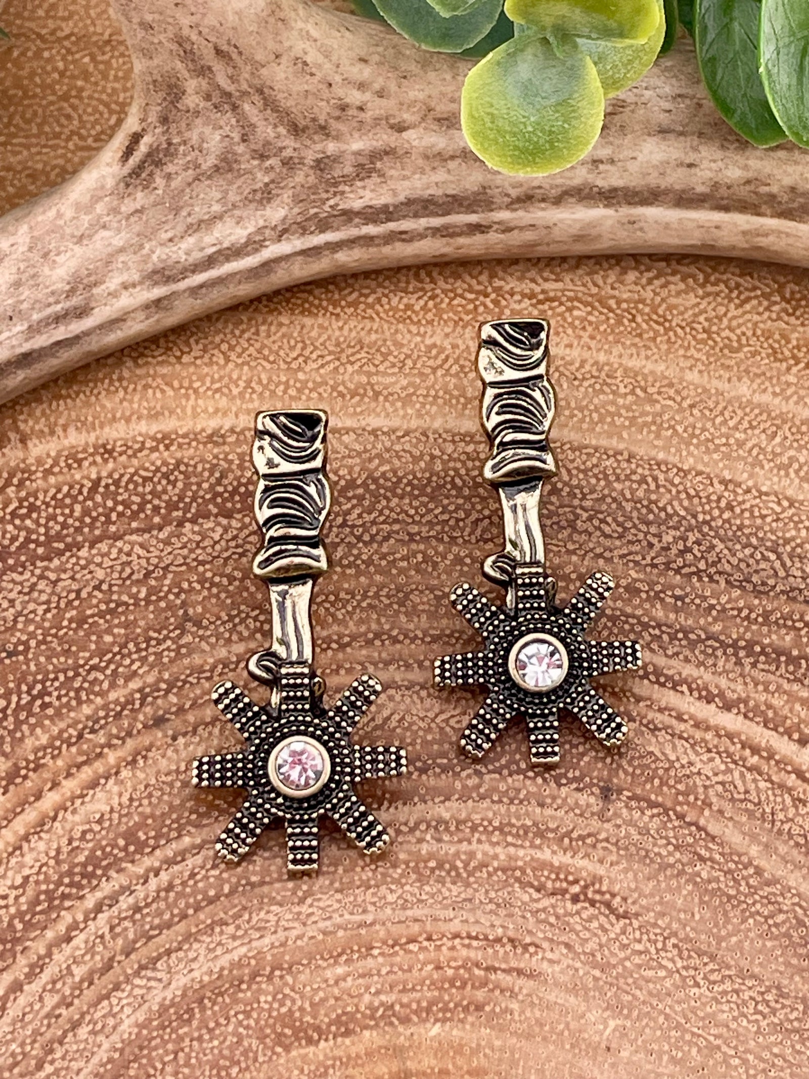 Antique Gold Spur Rhinestone Earrings
