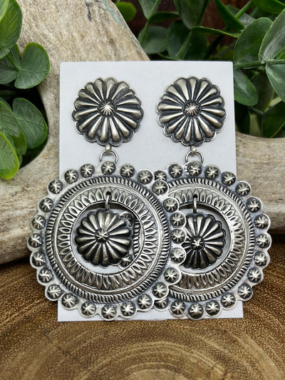 Sienna Triple Round Burst Stamped Concho Post Earrings Center Dangle