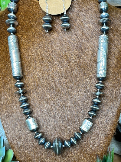Dakota Stamped Sterling Silver Barrel Bead & Saucer Bead Necklace & Earring Set