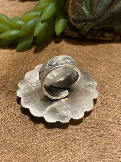 Higgins Carved Turquoise Chief Sterling Ring - Adjustable