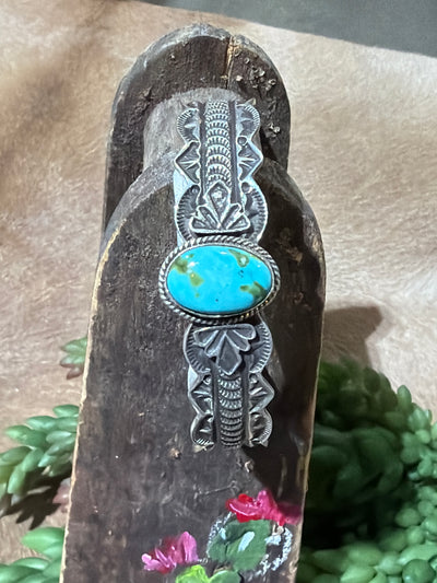 Maloney Stamped Sterling Cuff With Center Turquoise