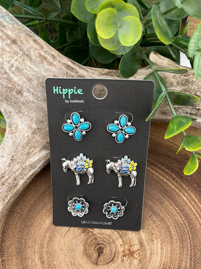 Floral Donkey Stud Earring Set - 3 pairs