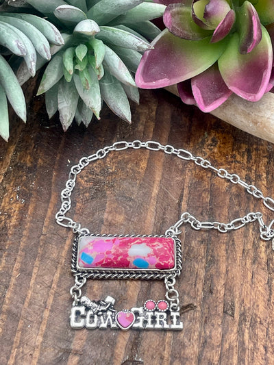 Cowgirl At Heart Fashion Bar Necklace With Western Drop - Pink