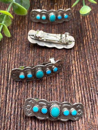 Colby Stamped Sterling Turquoise Barrettes