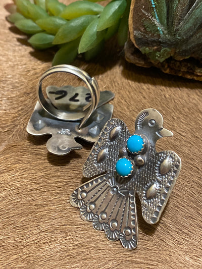 Benbrook Sterling Thunderbird Ring With Turquoise - Adj