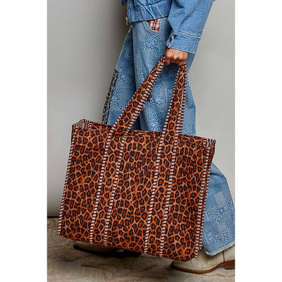 Oversized Quilted Mixed Print Shoulder Tote Bag