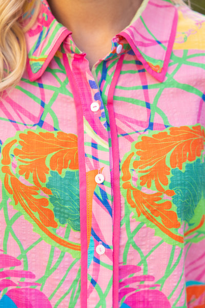 Contrast Piping Detail Collared Button Print Shirt