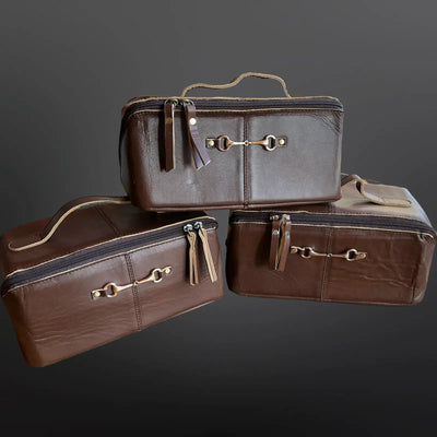 Equestrian Toiletry Bag Distressed Oily Leather Snaffle Bit: Newmarket Brown