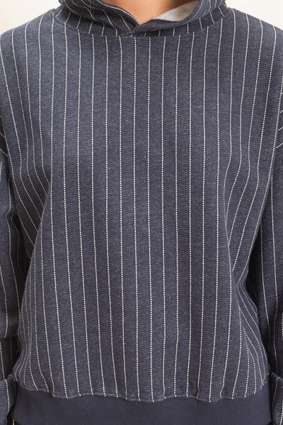 close up of navy striped top