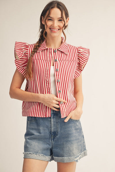 model wearing a red striped button down top with ruffle sleeves