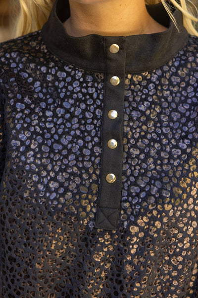 37329 Metallic Animal Print Snap Button Up Top