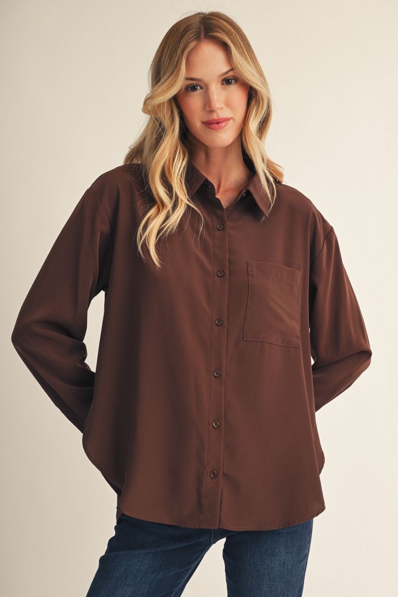 Lynnette Long Sleeve Button Up Front Pocket Blouse
