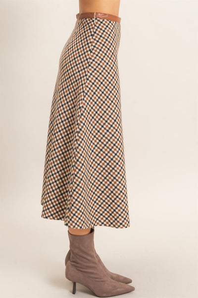 side view of camel brown checkered skirt