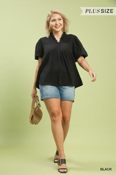 Hyland Scalloped Neck Bubble Sleeve Top - Black