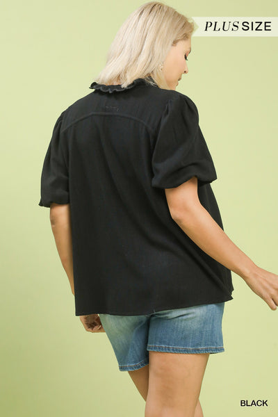 Hyland Scalloped Neck Bubble Sleeve Top - Black