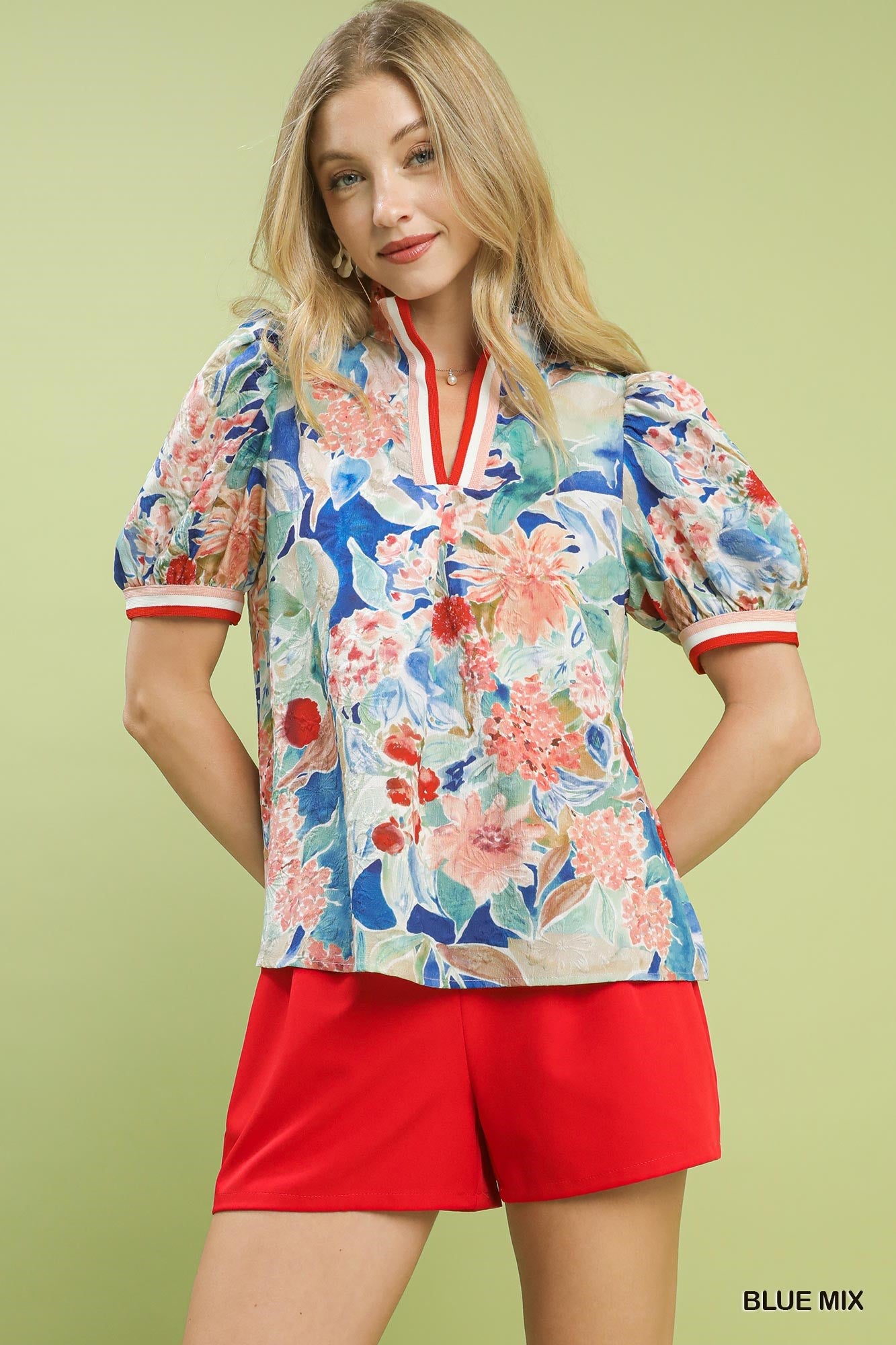 Jaquard Bloomscape V Neck Top - Blue Mix