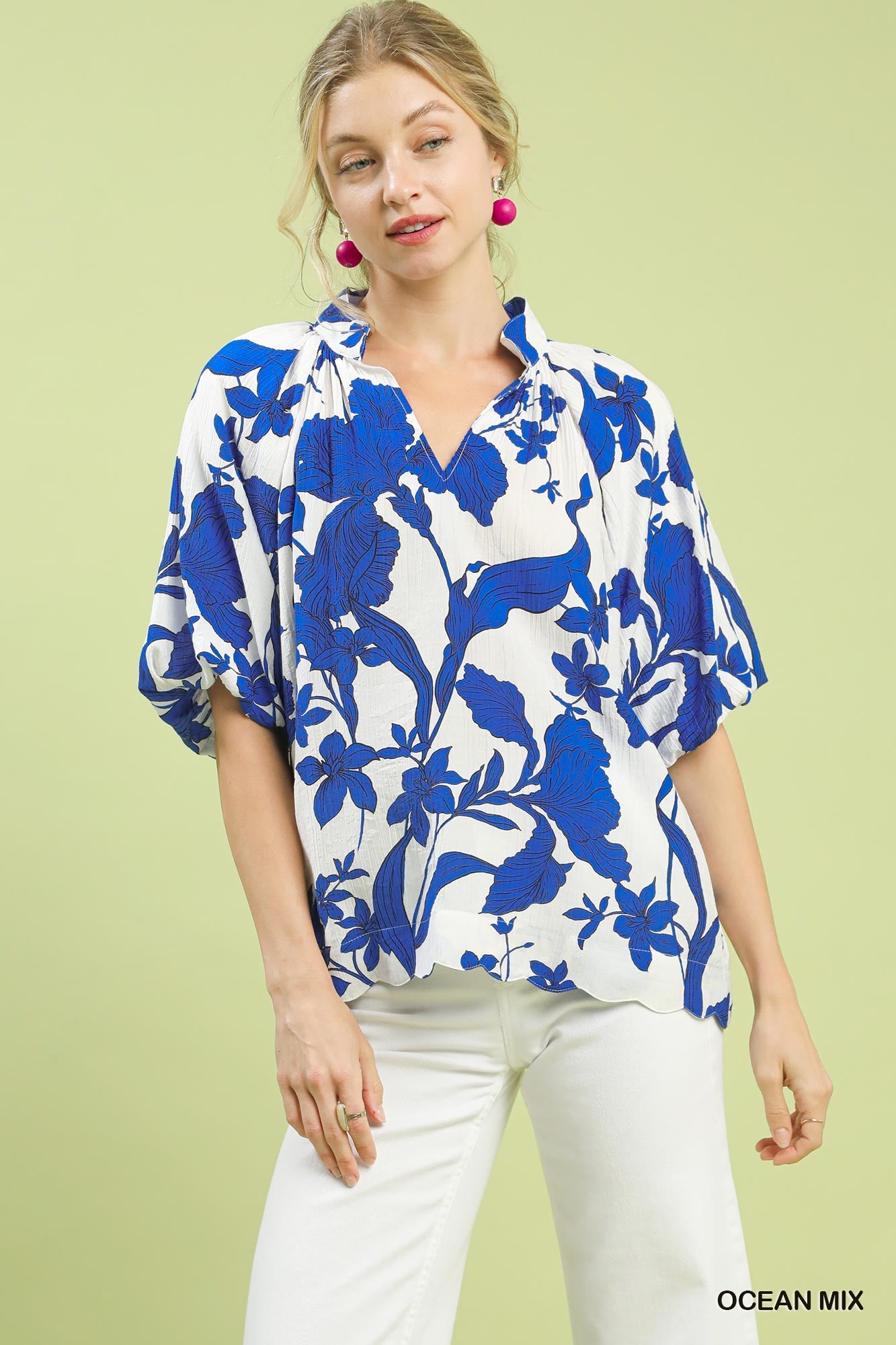 Cascade Bubble Sleeve Scalloped Hem Floral Blouse