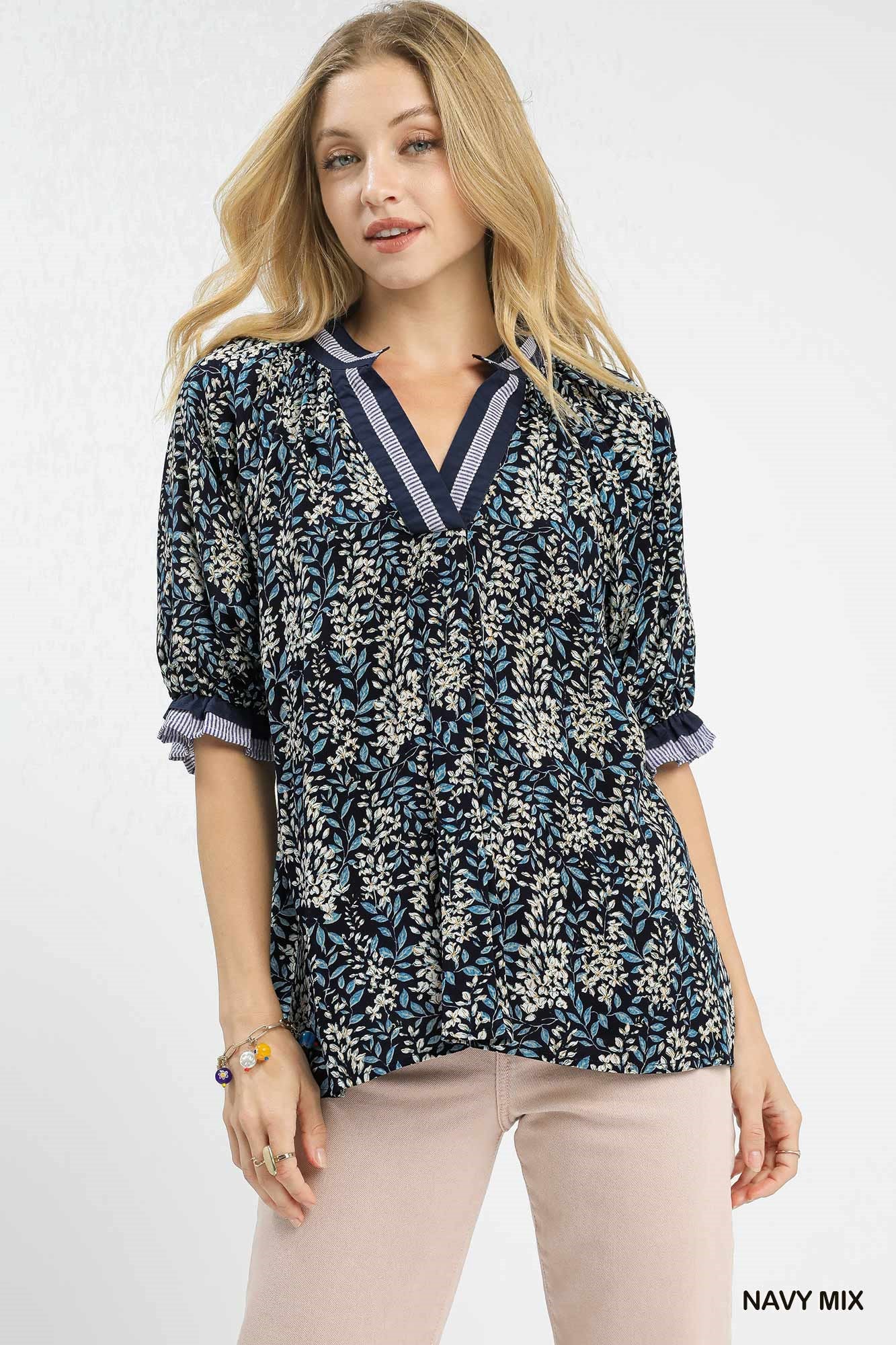 Spring Burst V Neck Ruffle Sleeve Top - Navy