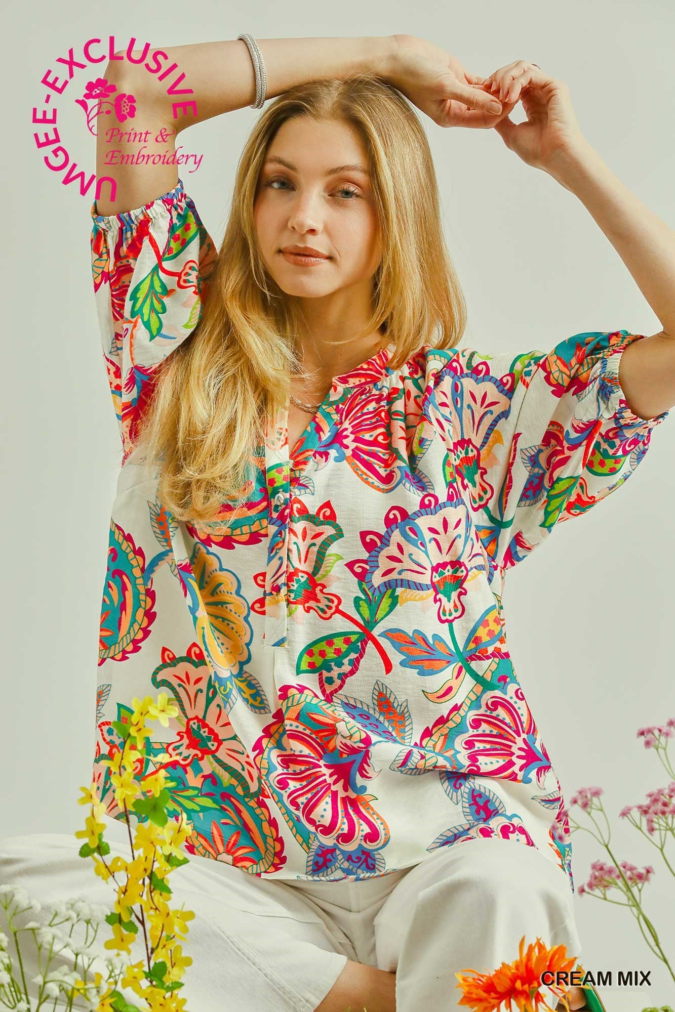 Brister Half Button Front Paisley Blouse - Cream Mix