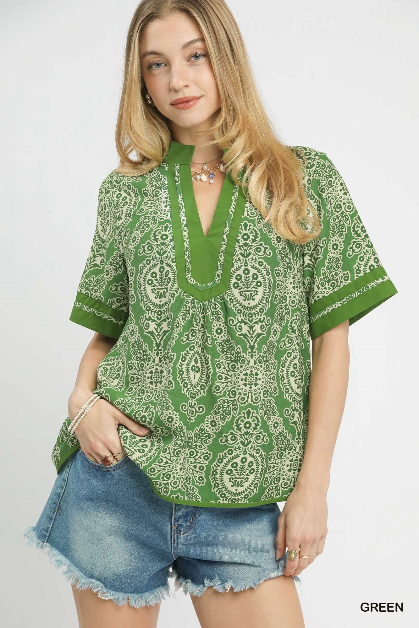 Bonnie Abstract Green Floral Blouse With Solid Contrast Detail