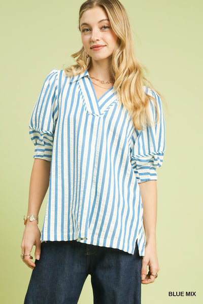 blue & white striped top with puff sleeves