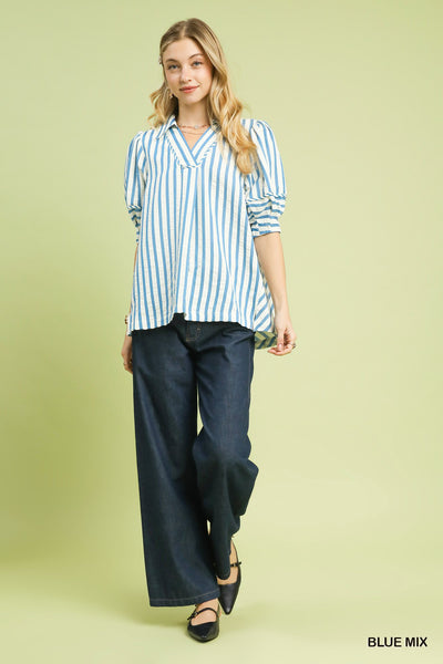 blue & white striped top with puff sleeves