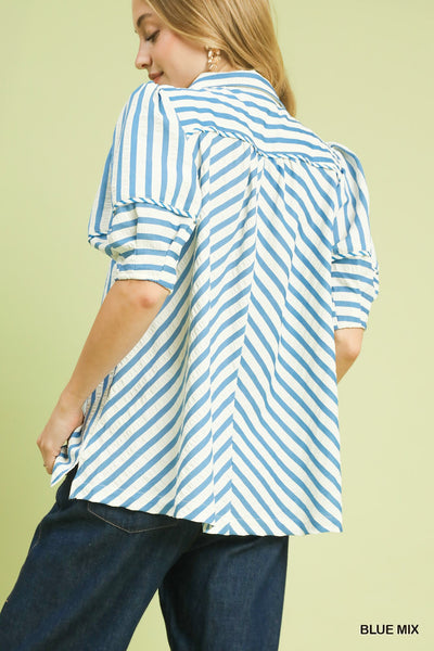 blue & white striped top with puff sleeves