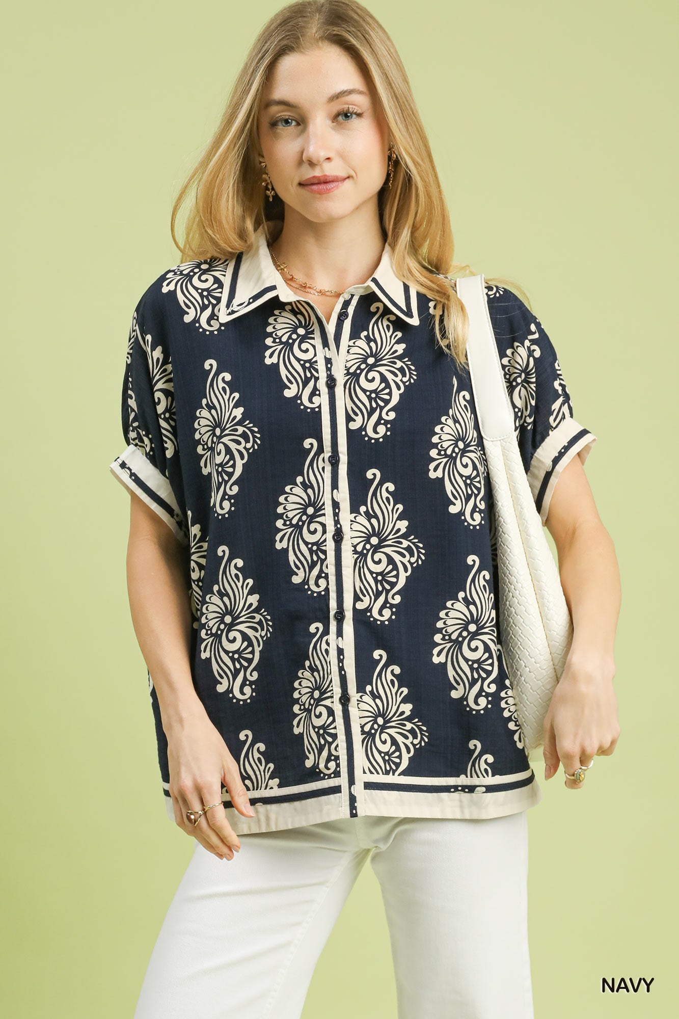 Sonya Flourish Button Front Blouse With Solid Trim