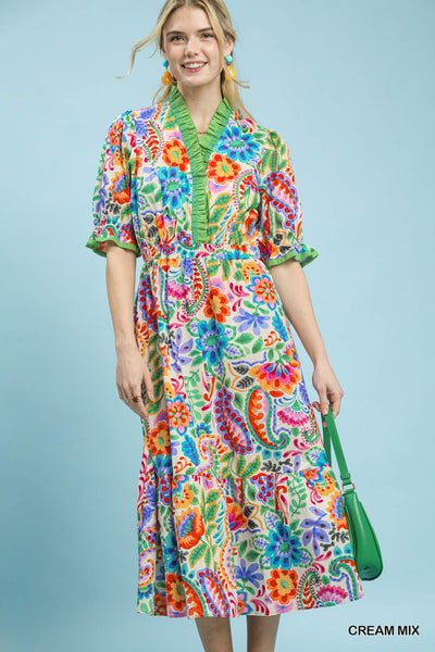 model wearing a cream floral dress with a mint background