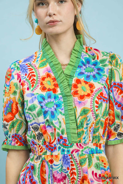 model wearing a cream floral dress