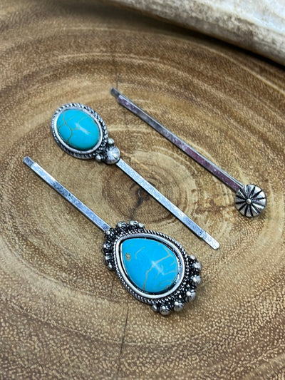 Buttercup Concho, Oval & Teardrop Stone Hair Pin Set - Turquoise