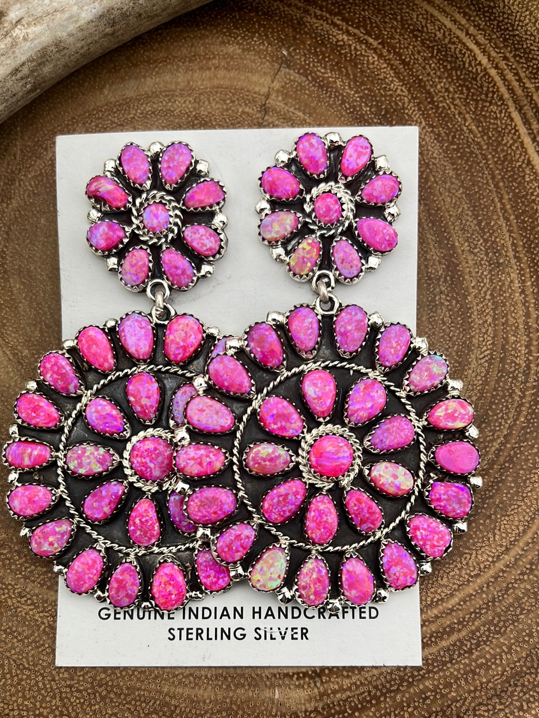 Sterling Silver Zuni Double Cluster Earrings - Hot Pink Fire Opal
