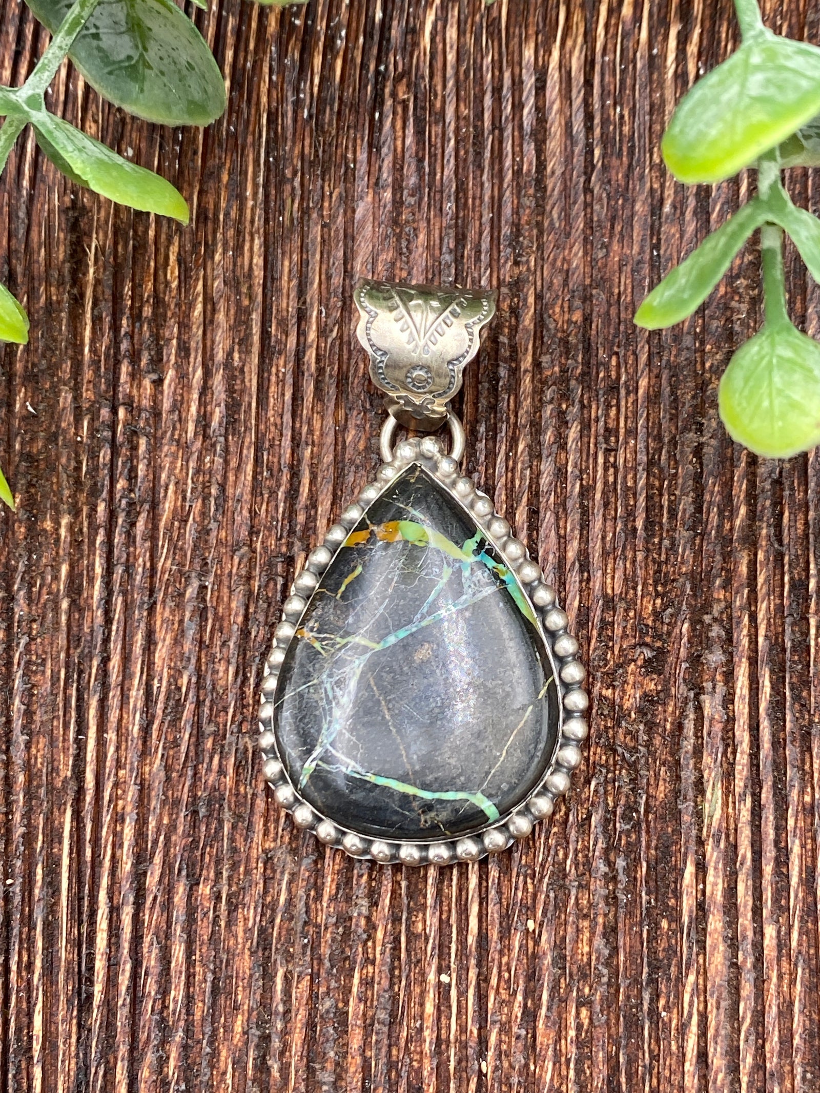 Capstar Sterling Bead Framed Blackjack Turquoise Stone Teardrop Pendant