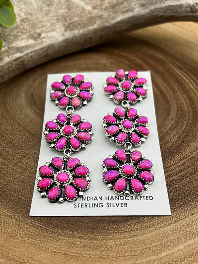 Sterling Silver Zuni Triple Cluster Earrings - Hot Pink Fire Opal
