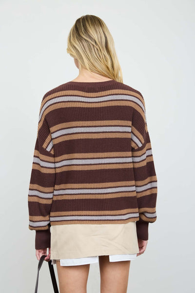 Stripe Raw Edge Cropped Long Sleeve Knit Sweater