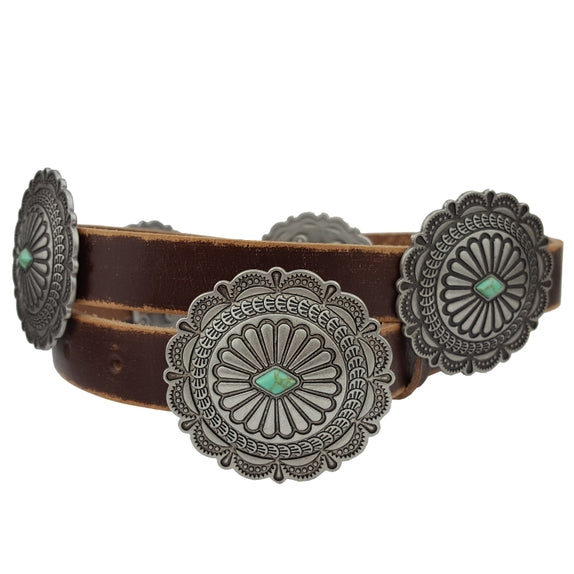 Brown Distressed Leather with Round Concho Belt with Stones  display picture 2