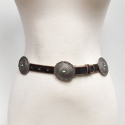 Brown Distressed Leather with Round Concho Belt with Stones
