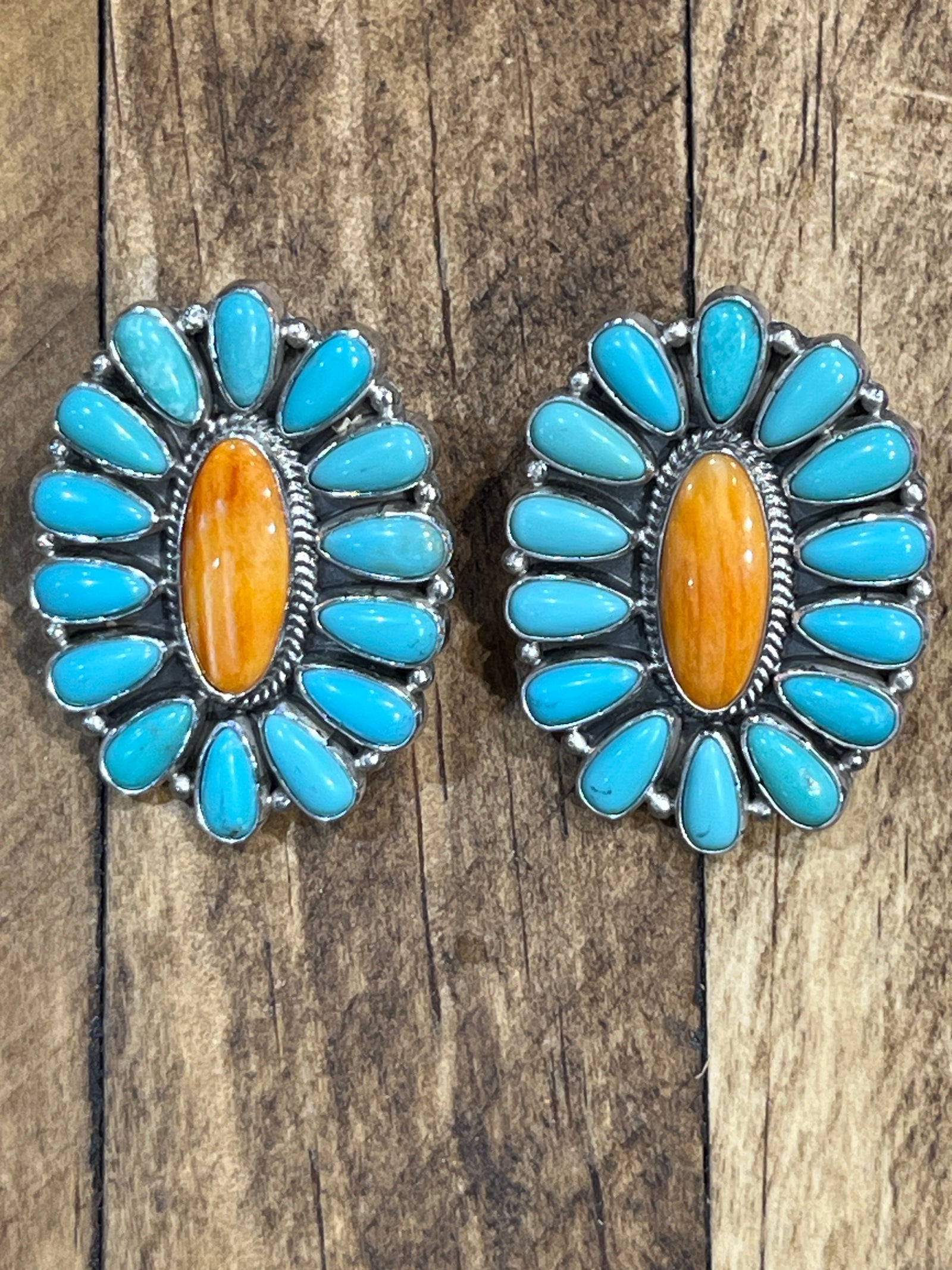 Sunset Turquoise & Orange Spiny Oval Post Earrings