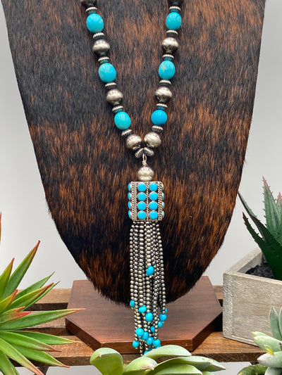 Hepburn Stunning Silver & Turquoise Tassel Necklace - 26"