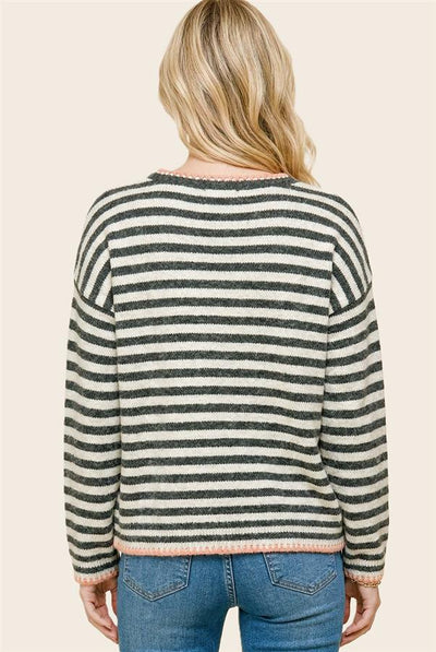 back view of a model wearing a cream sweatshirt with gray striped and pink accents and blue jeans.
