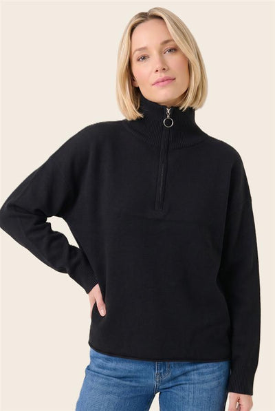 A woman modeling a black long-sleeve quarter-zip sweater with a mock neck and a small silver ring detail at the zipper, paired with blue jeans against a light beige background.